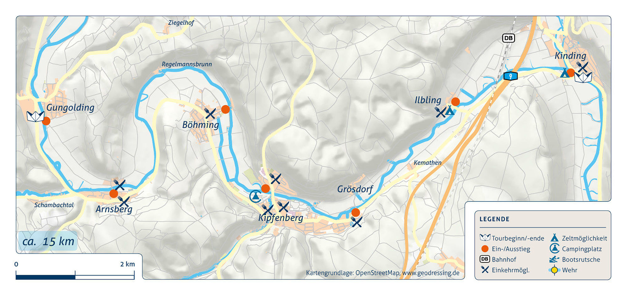 Flusskarte der Kanutour von Gungolding nach Kinding