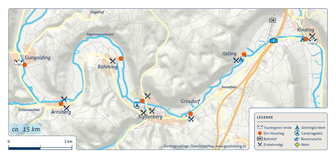 Flusskarte der Kanutour von Gungolding nach Kinding