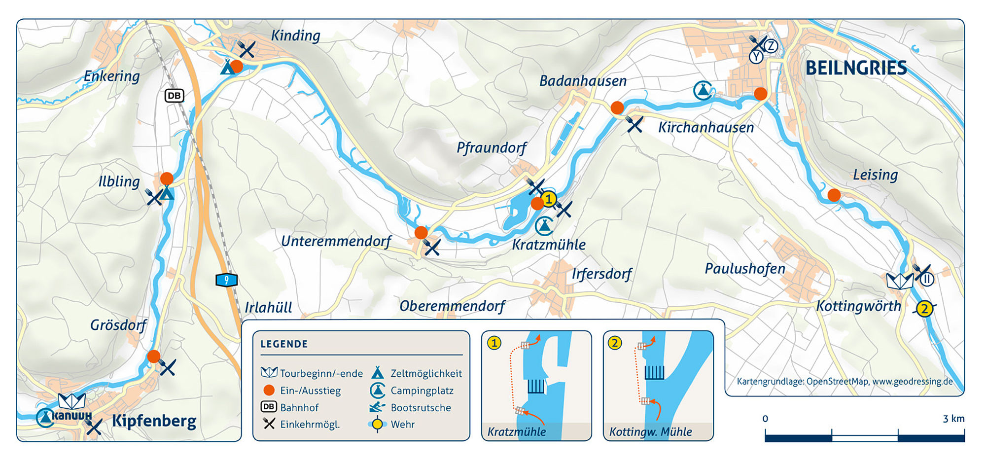 Flusskarte der Kanutour von Kipfenberg nach Kottingwörth