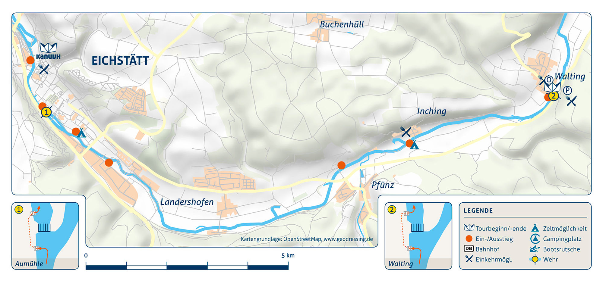 Flusskarte der Kanutour von Eichstätt nach Walting