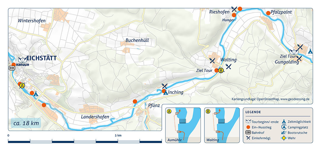 Flusskarte der Kanutour von Eichstätt nach Gungolding