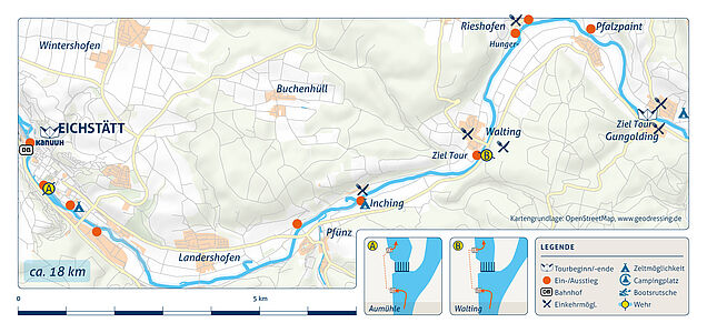 Flusskarte der Kanutour von Eichstätt nach Gungolding