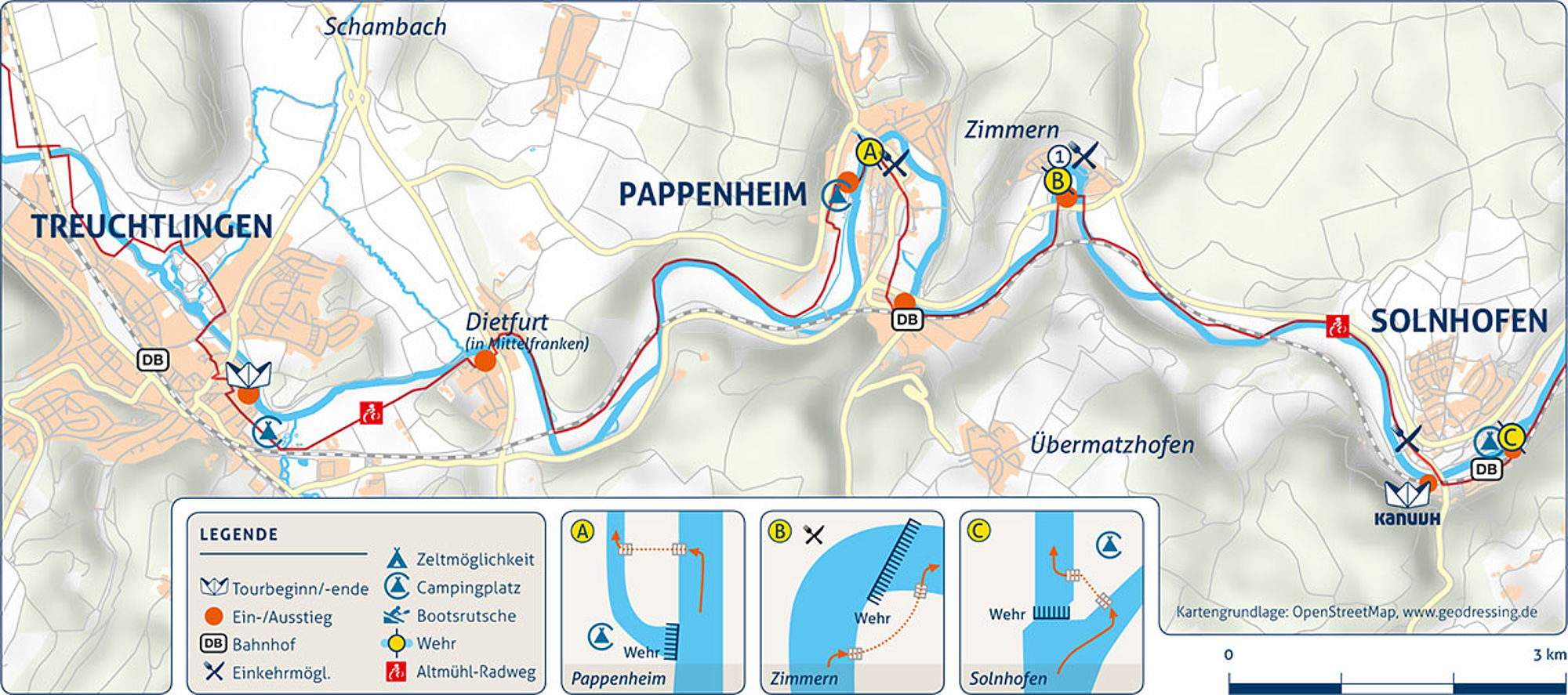Flusskarte der Kanutour von Treuchtlingen nach Solnhofen