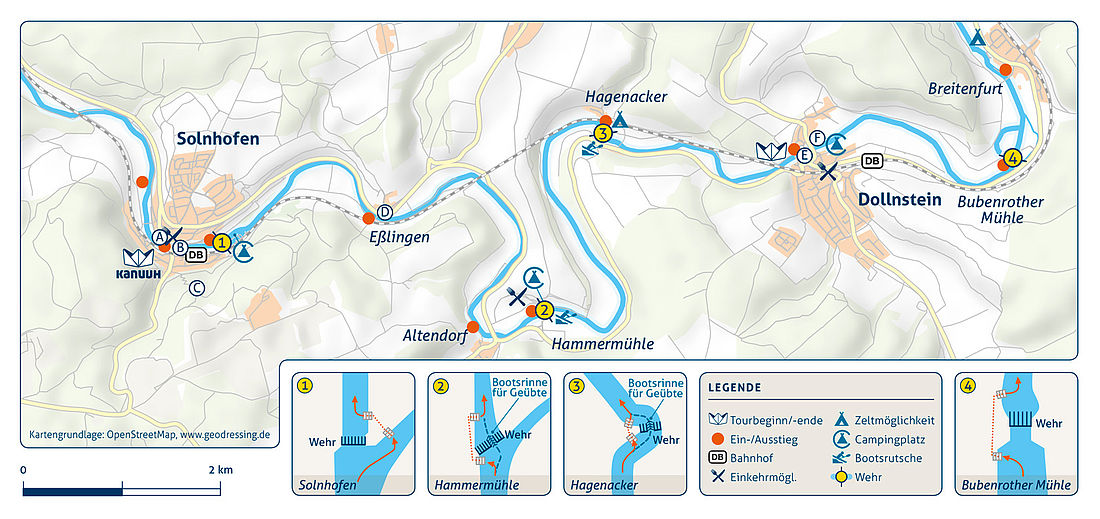 Flusskarte der Kanutour von Pappenheim nach Dollnstein