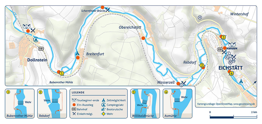 Flusskarte der Kanutour von Dollnstein nach Eichstätt