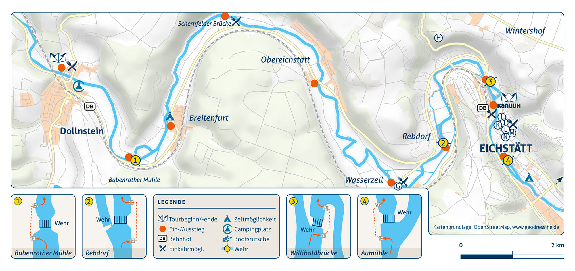 Flusskarte der Kanutour von Dollnstein nach Eichstätt